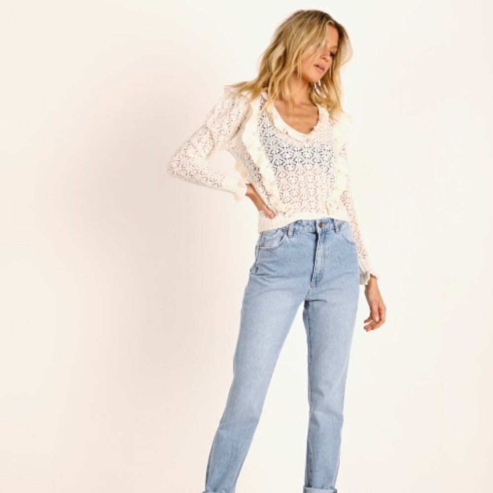 NWT For Love & Lemons Pearl V-Neck Crop Sweater GORGEOUS